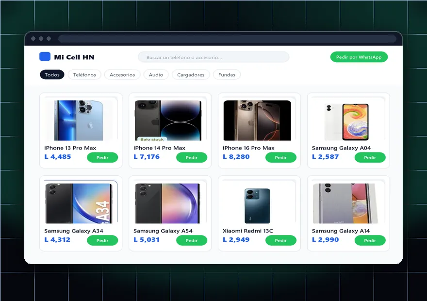 Maqueta de un catálogo digital con productos, buscador y botón de pedido por WhatsApp